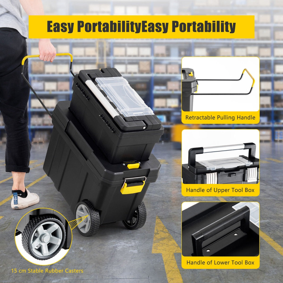 2 Piece Rolling Portable Tool Storage Box Set with Pulling Handle