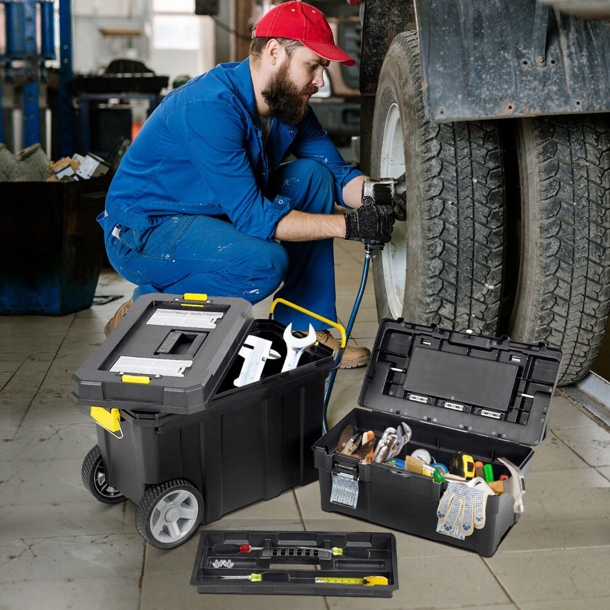 2 Piece Rolling Portable Tool Storage Box Set with Pulling Handle