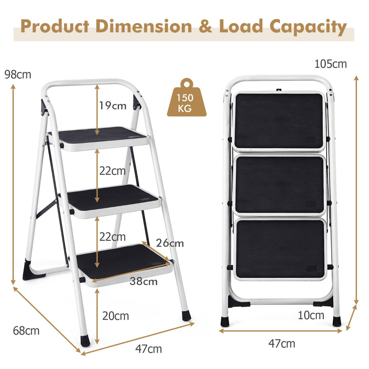 Folding Portable 3-Tread Step Ladder with Platform and Safe Lock
