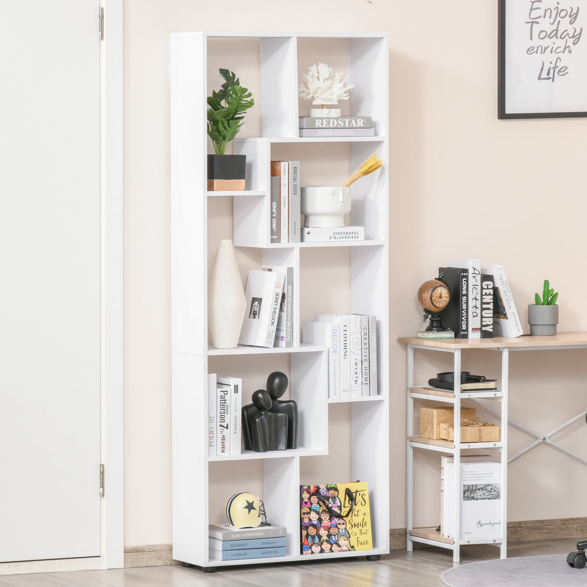 HOMCOM 8-Tier Freestanding Bookcase w/ Melamine Surface Anti-Tipping Foot Pads Home Display Storage Grid Stand Modern Style - White