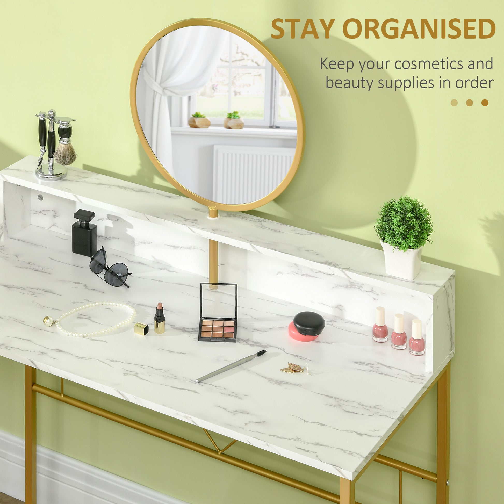 HOMCOM Modern Dressing Table with Round Mirror, Vanity Makeup Desk with Open Storage, Faux Marble Texture and Steel Frame for Bedroom, White