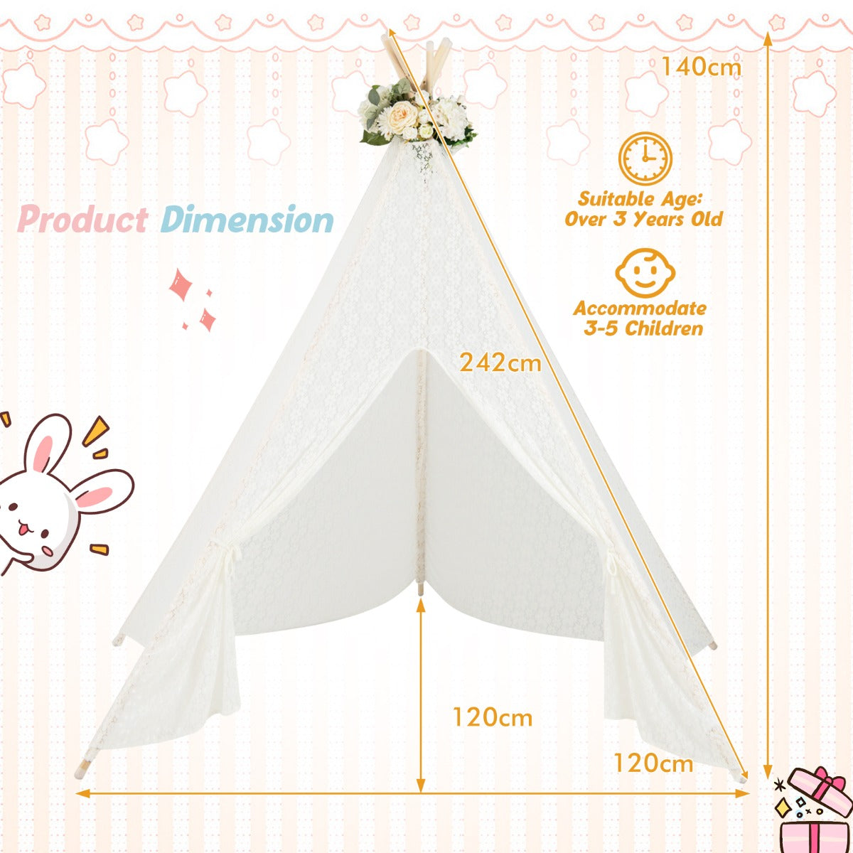 Lace Teepee Tent with Colorful String Lights