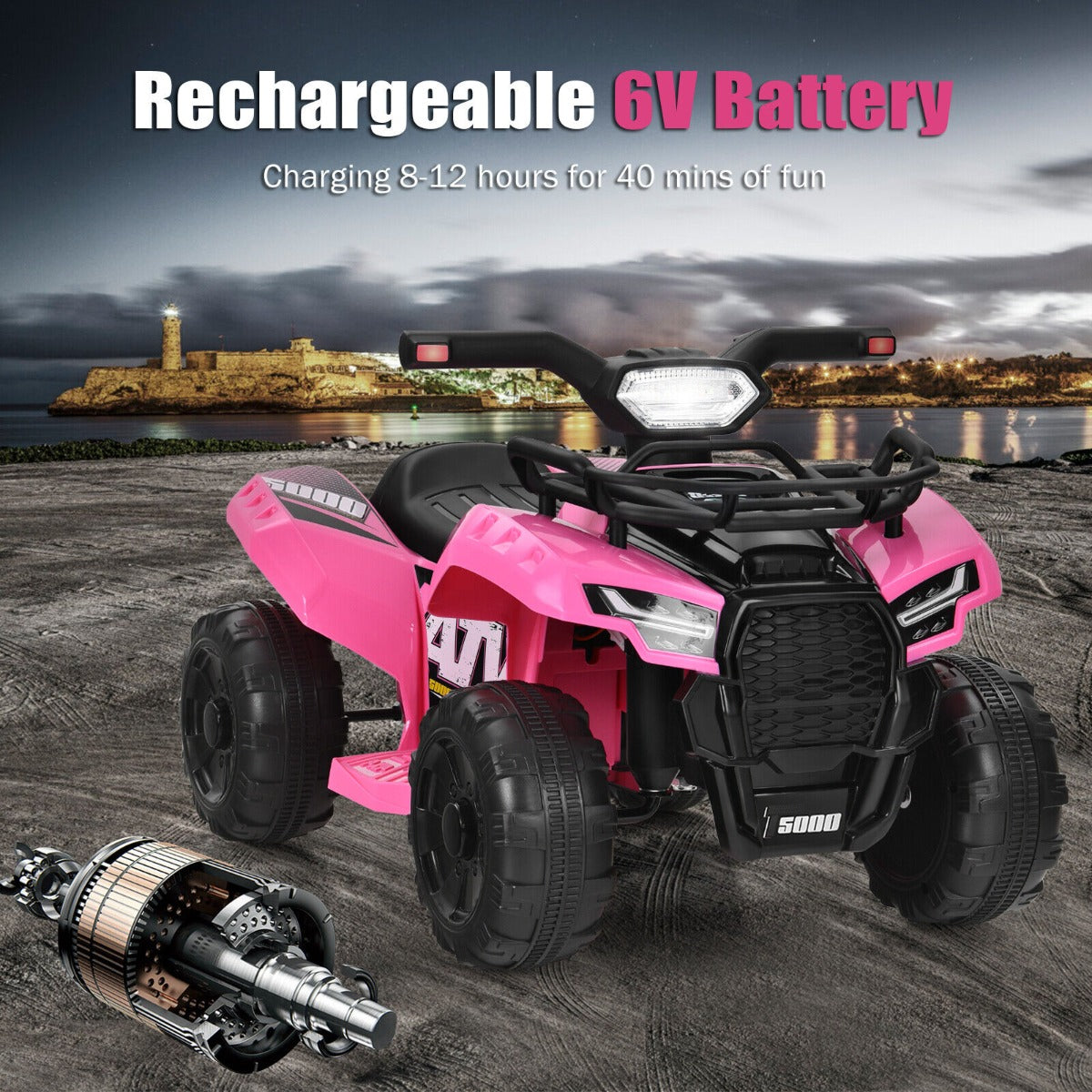 6V Battery Powered Quad Bike with LED Light Horn Music and Storage Box-Pink