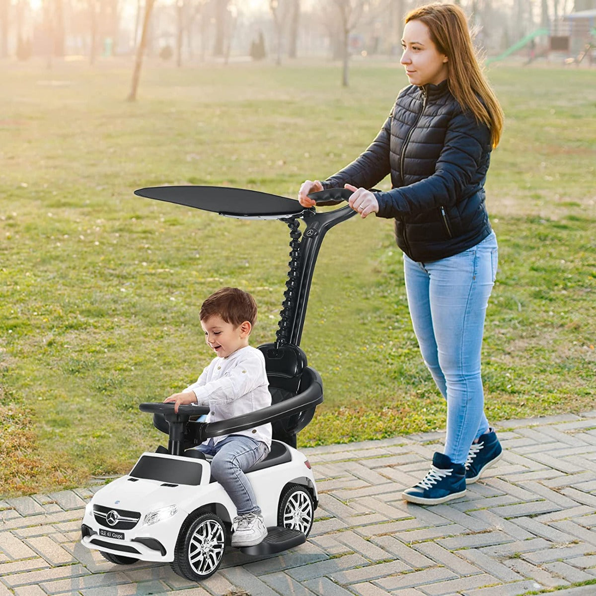 3-in-1 Mercedes Benz Licensed Kids Ride On Push Car with Canopy-White