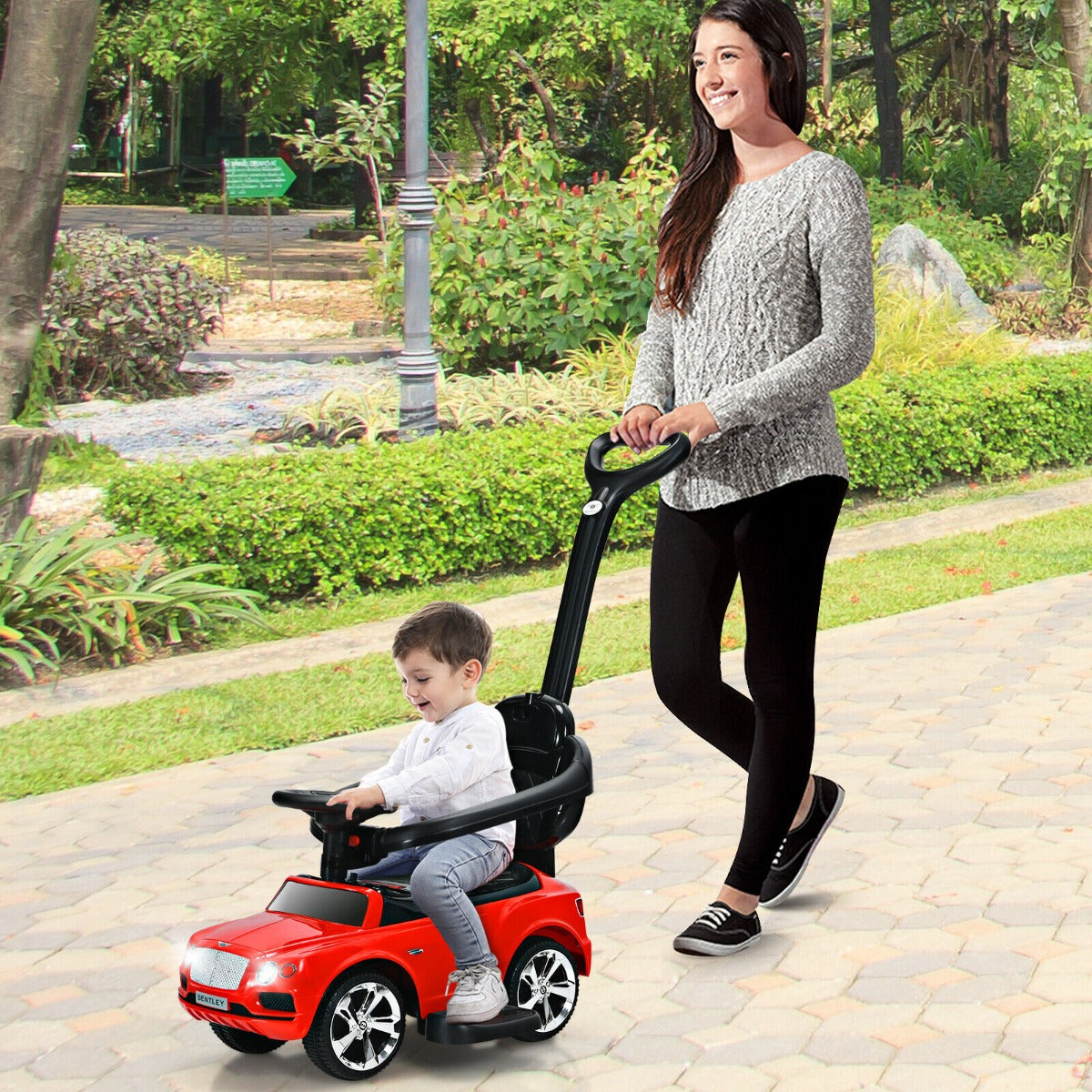 Licensed Bentley Kids Ride On Push Car with Canopy-Red