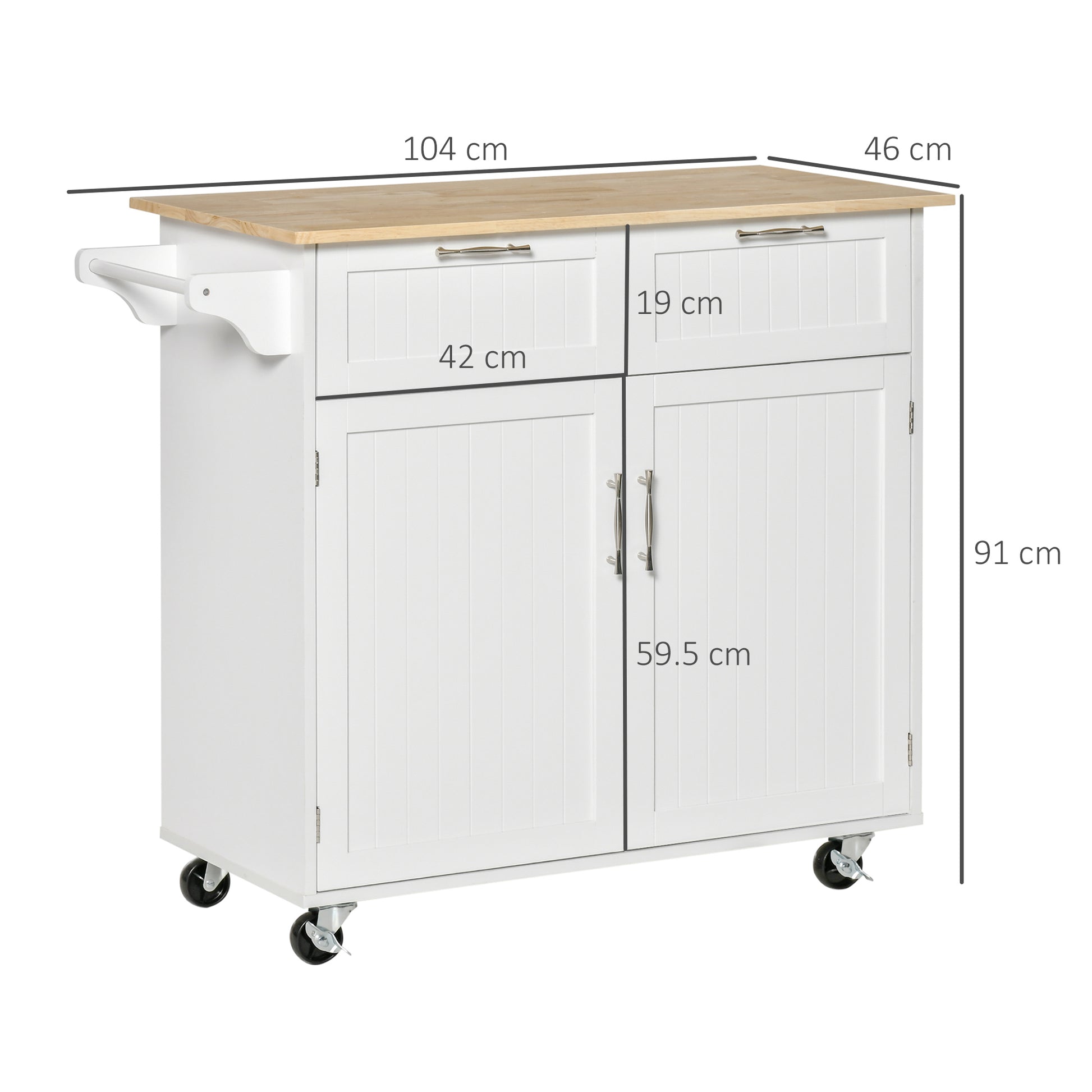 HOMCOM Modern Rolling Kitchen Island Storage Kitchen Cart Utility Trolley with Rubberwood Top, 2 Drawers, White