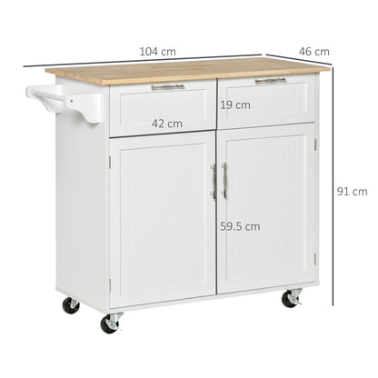 HOMCOM Modern Rolling Kitchen Island Storage Kitchen Cart Utility Trolley with Rubberwood Top, 2 Drawers, White