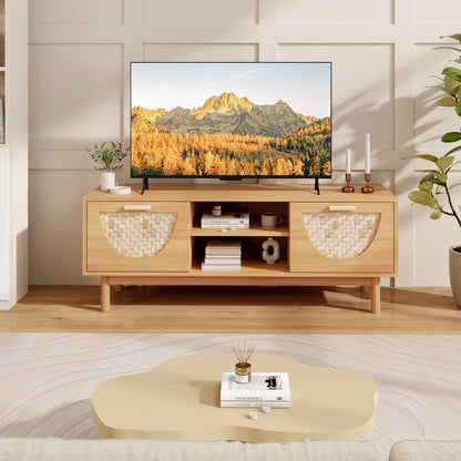 TV Console Media Cabinet with 2 Drawers &amp; Bamboo Woven Fronts-Natural