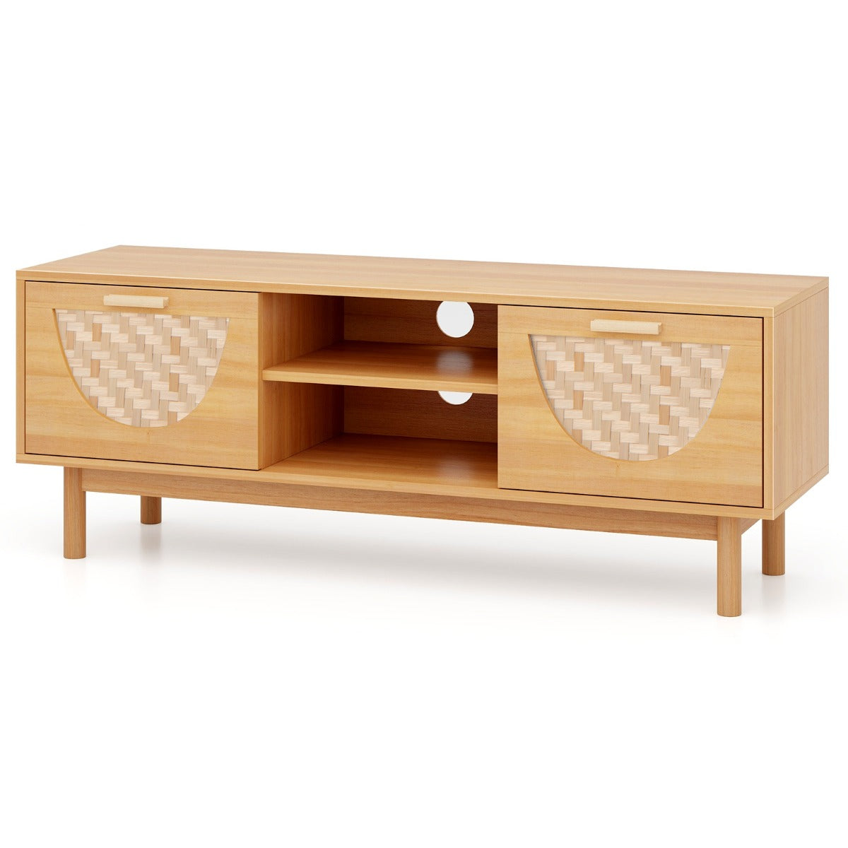 TV Console Media Cabinet with 2 Drawers &amp; Bamboo Woven Fronts-Natural