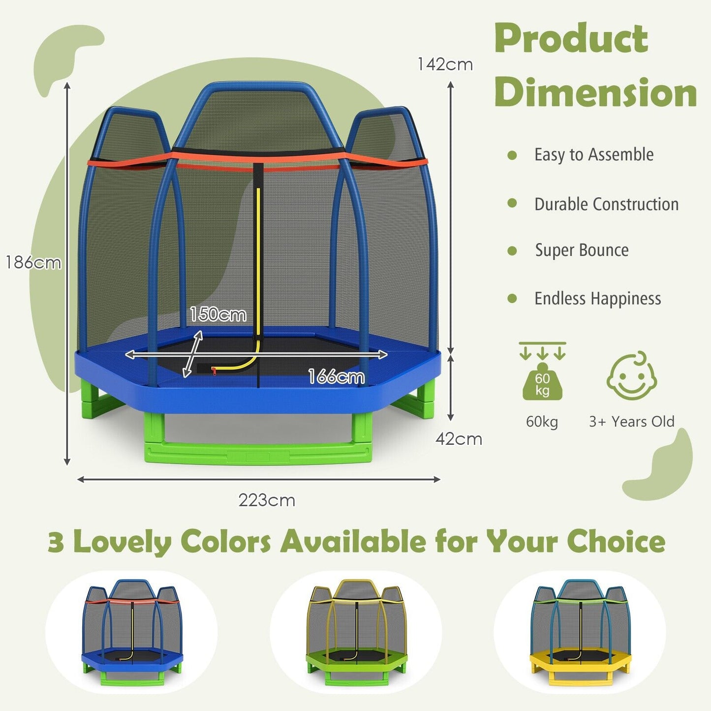 7 Feet Kids Trampoline with Safety Enclosure Net-Blue