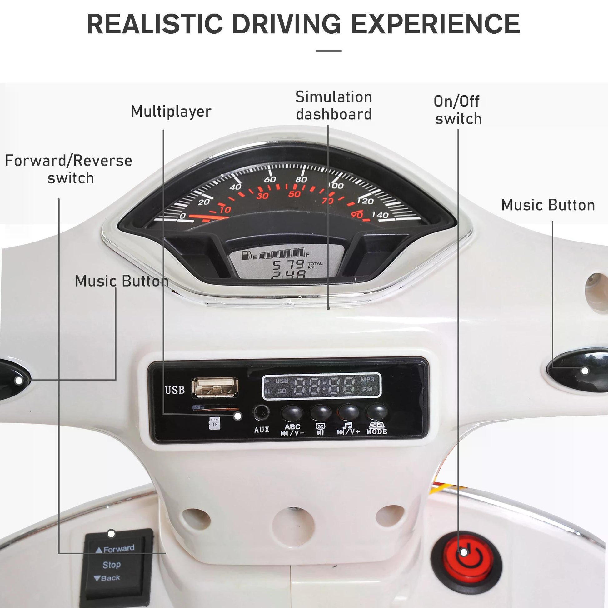 Vespa Kids Ride On Motorcycle, 6V, W/LED Lights - White - HOMCOM