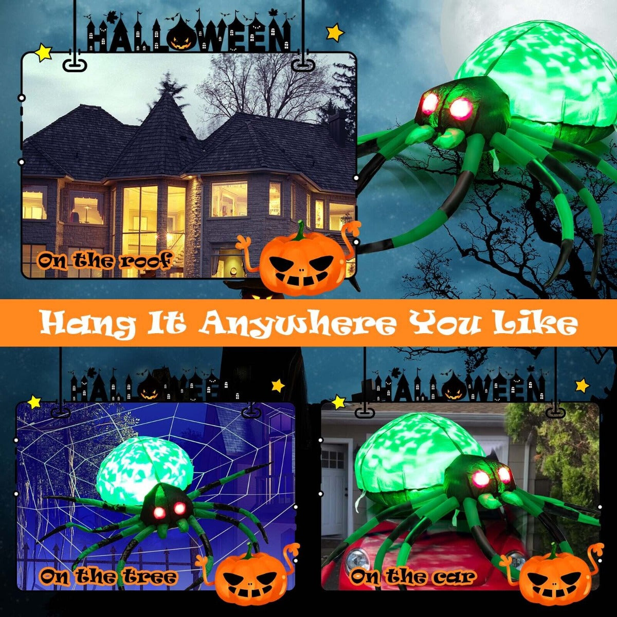 Halloween Inflatable Spider and Cobweb Creepy with LED Rotating Light