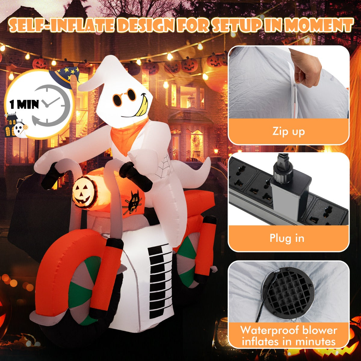 5 Feet Tall Halloween Inflatable Ghost Riding on Motor Bike Decoration