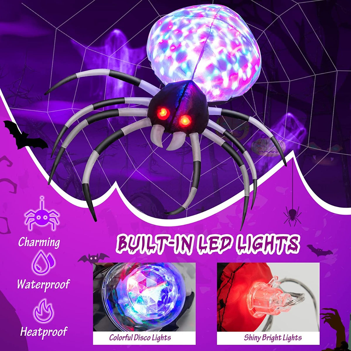 3.5 Feet Wall Halloween Inflatable Spider with Multi-Color Lights and Built-In Blower