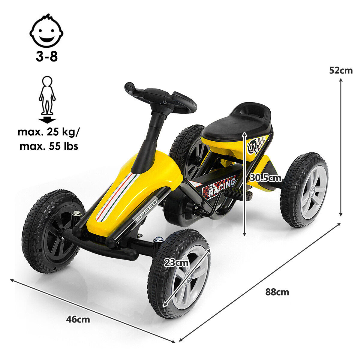 Kids Go Kart with Fully Enclosed Safety Chain Cover and Anti-Slip Wheels-Yellow