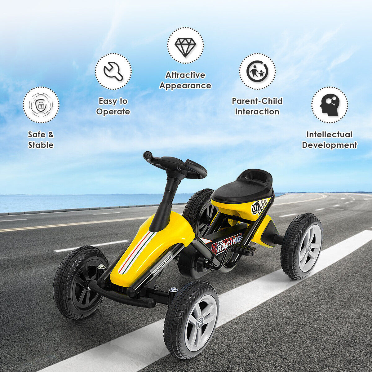 Kids Go Kart with Fully Enclosed Safety Chain Cover and Anti-Slip Wheels-Yellow