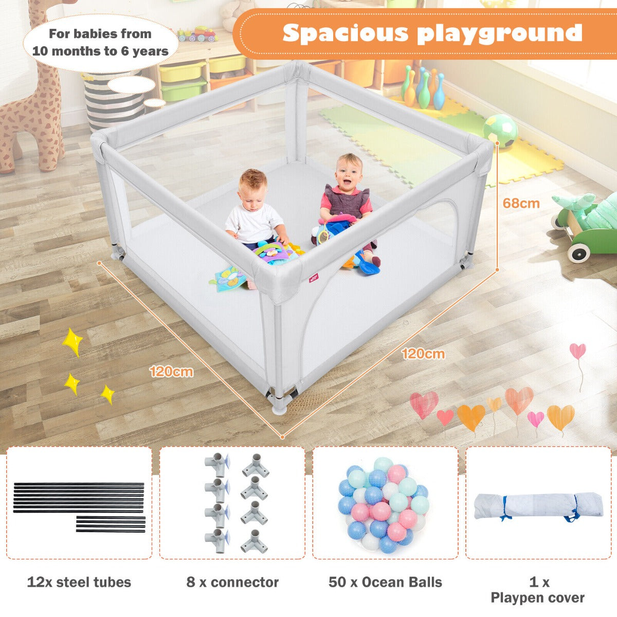 Playpen Baby Toddlers Safety Activity Fence with 50 Ocean Balls-Grey