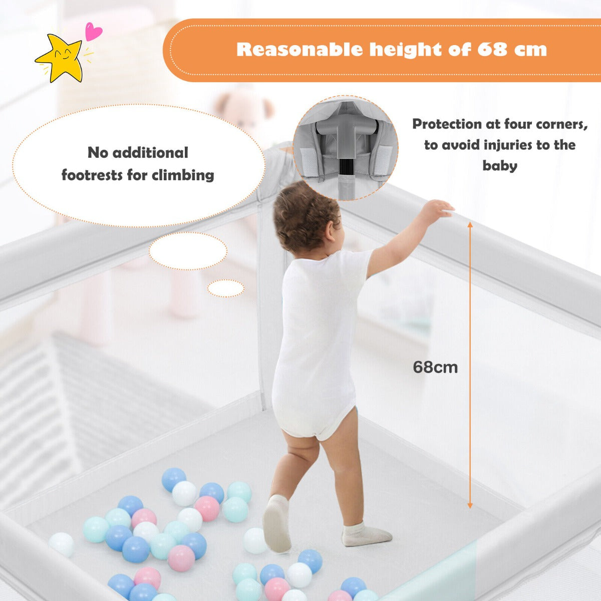 Playpen Baby Toddlers Safety Activity Fence with 50 Ocean Balls-Grey