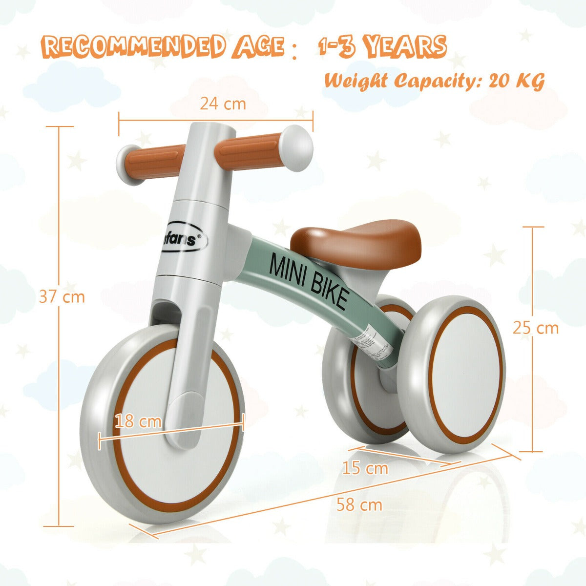 Baby Balance Bike with 3 Silent Wheels for 1-3 Years Old-Brown