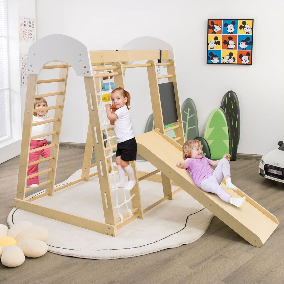 8-in-1 Wooden Kids Climbing Toy Set with Slide Ladder Monkey Bars-Natural