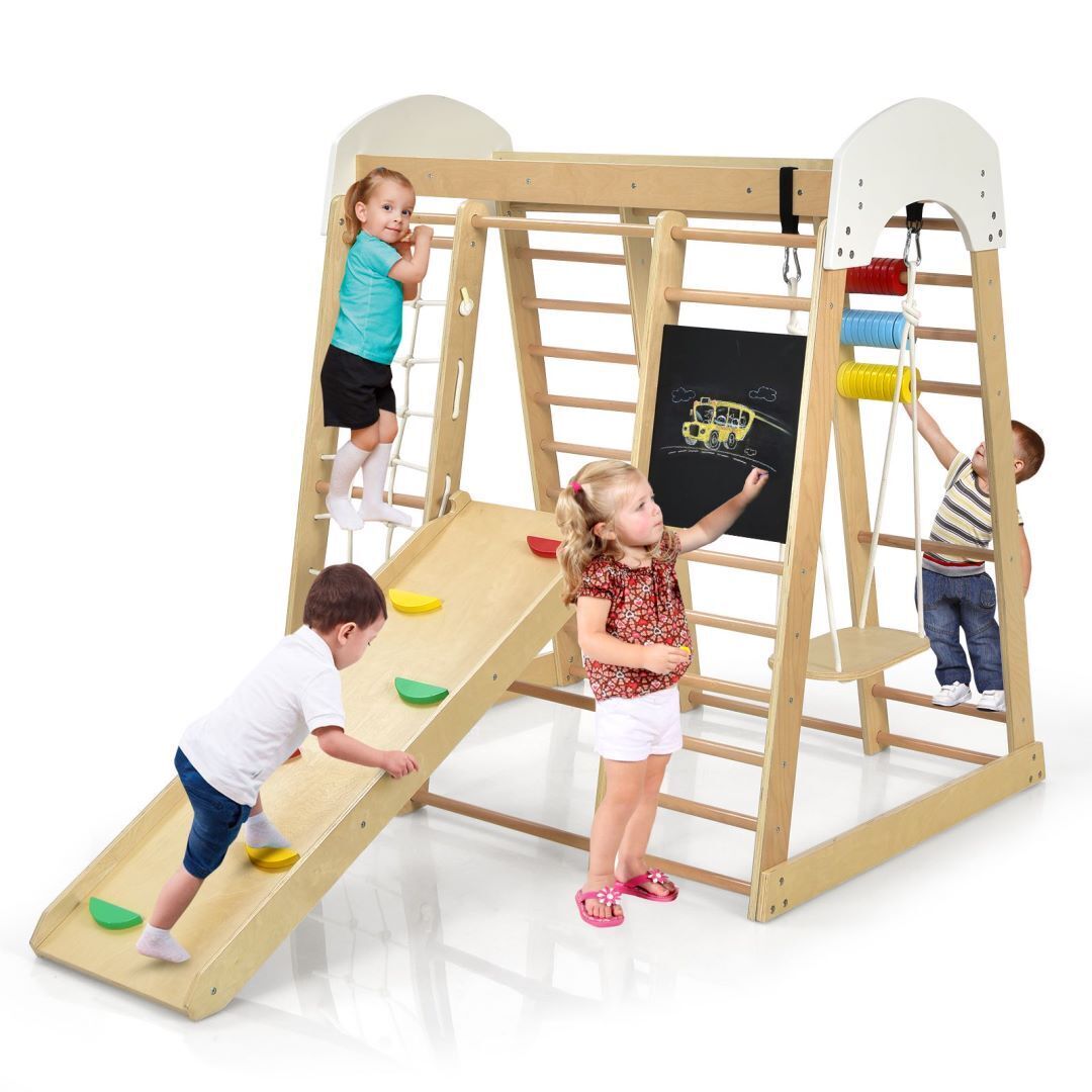 8-in-1 Wooden Kids Climbing Toy Set with Slide Ladder Monkey Bars-Natural