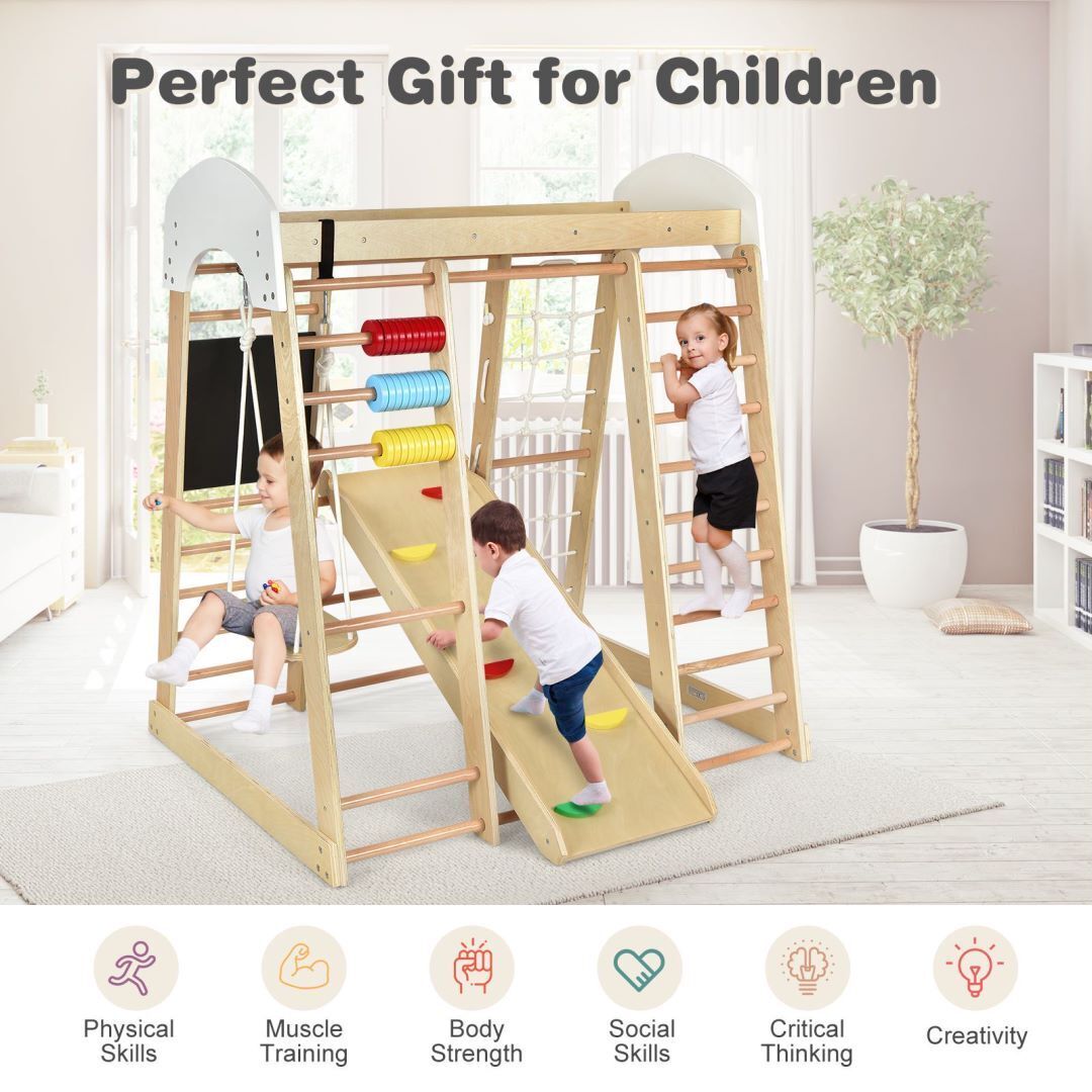8-in-1 Wooden Kids Climbing Toy Set with Slide Ladder Monkey Bars-Natural