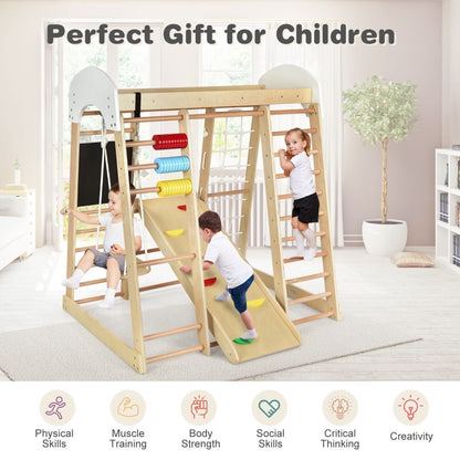 8-in-1 Wooden Kids Climbing Toy Set with Slide Ladder Monkey Bars-Natural