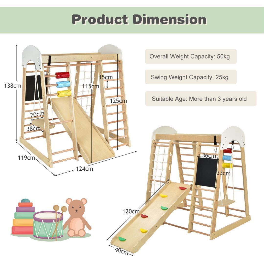 8-in-1 Wooden Kids Climbing Toy Set with Slide Ladder Monkey Bars-Natural