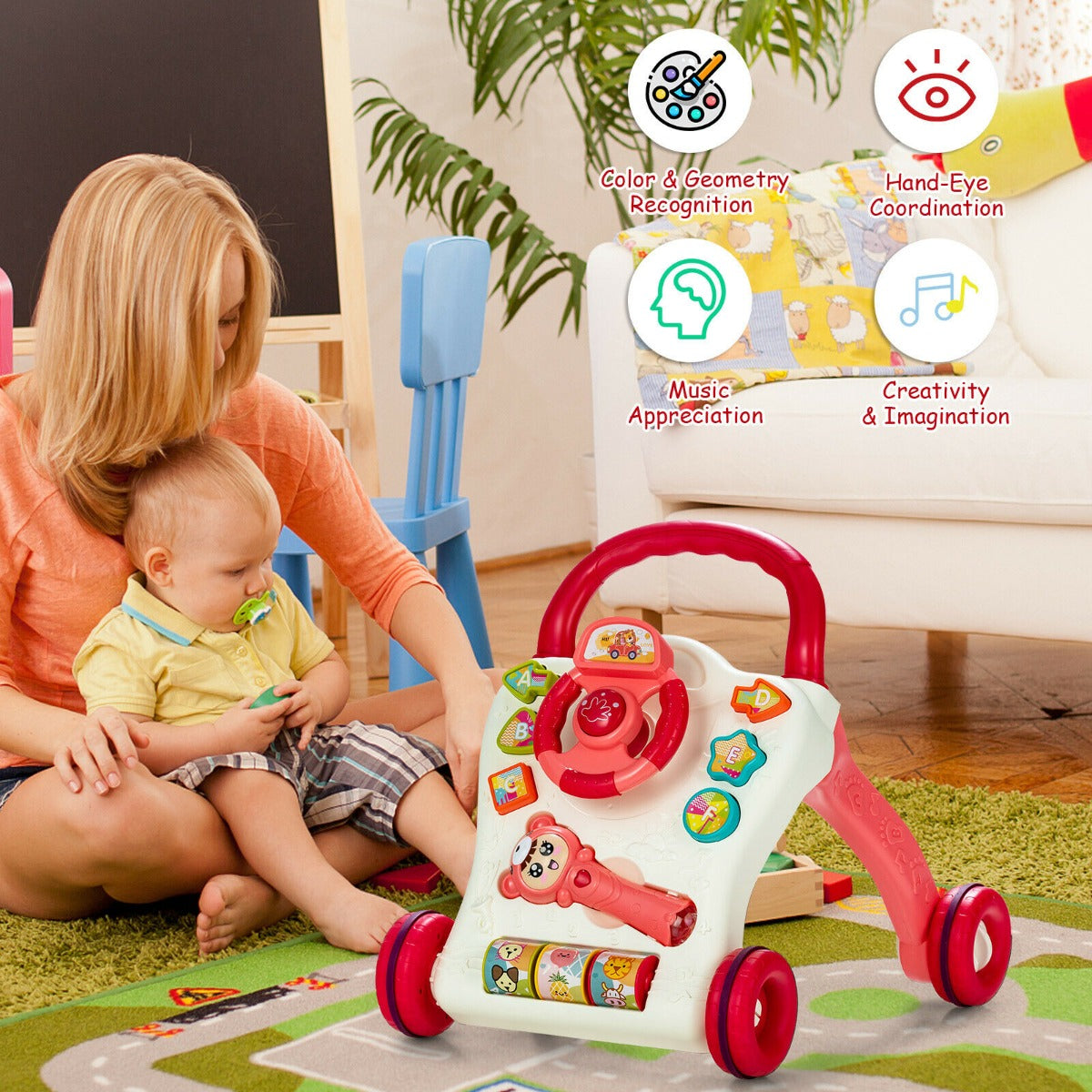 Sit to Stand Walker with Projection Music Wand and Game Panel-Red