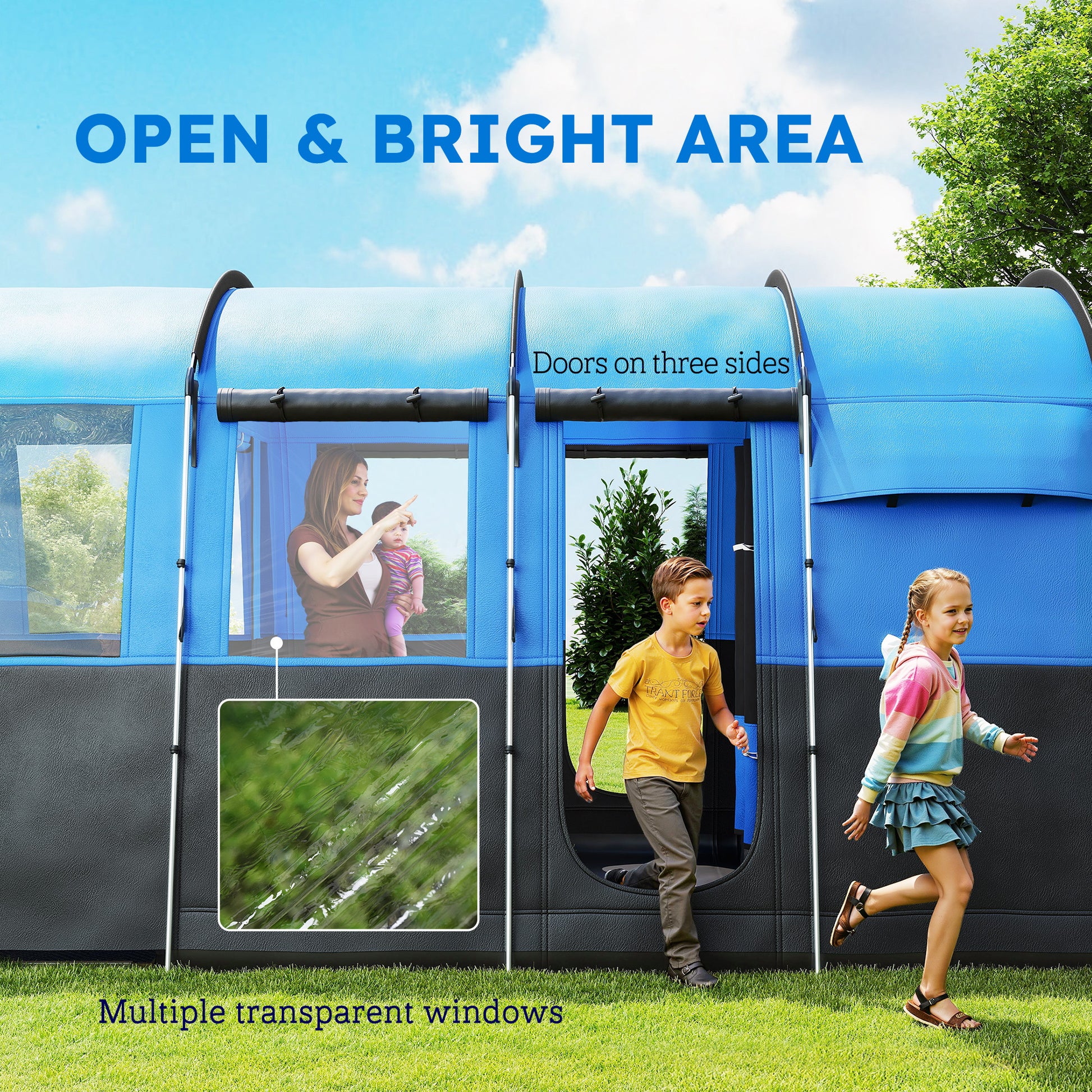 Outsunny 8-Person Camping Tent, Waterproof Family Tent, Tunnel Design, 4 Large Windows, Sleeping Cabins 3000mm Water Column Blue
