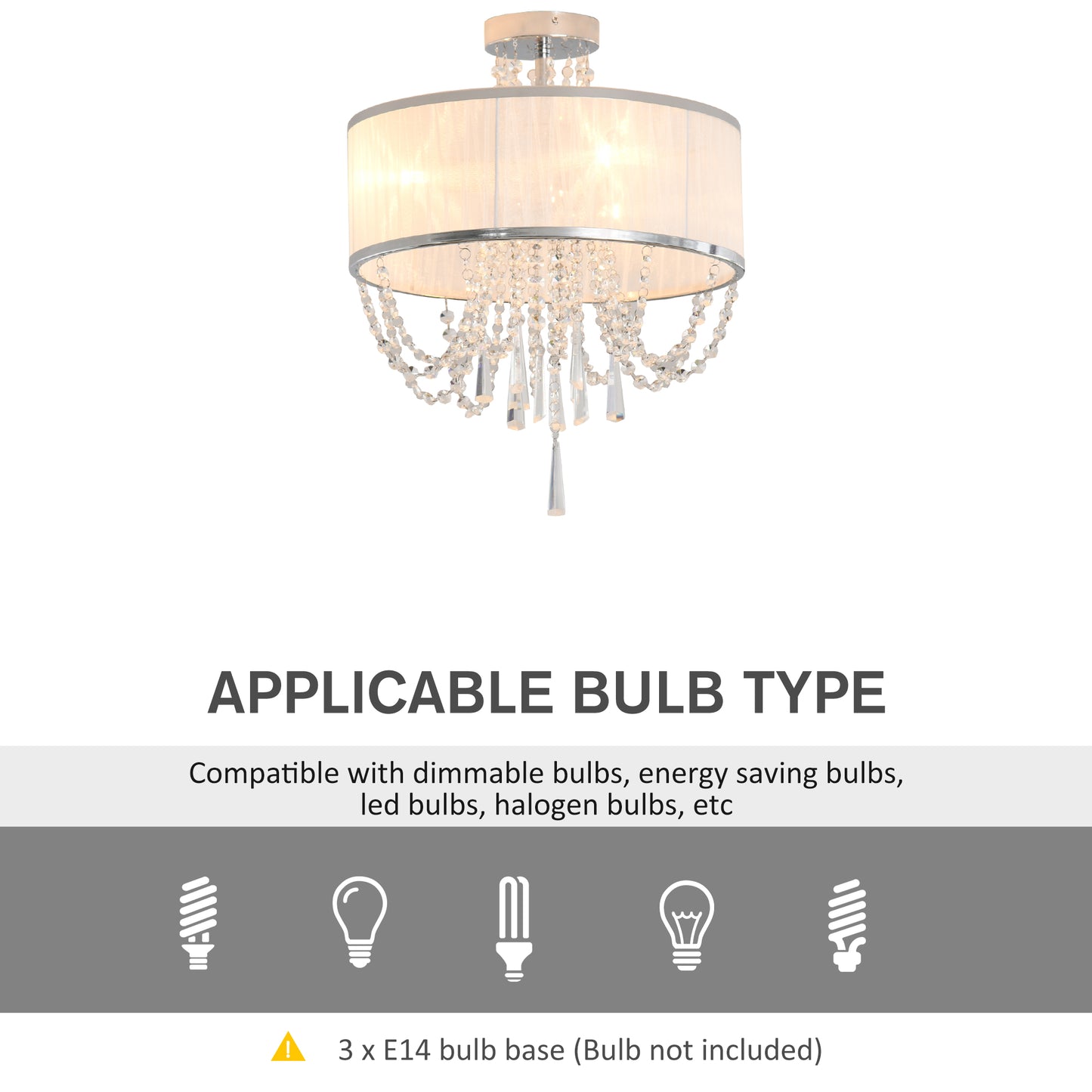 HOMCOM Elegant Metal Ceiling Light Chandelier with Pleated Fabric Lampshade, Decorative Crystal Pendants, for Living Room, Dining Room, Bedroom, White