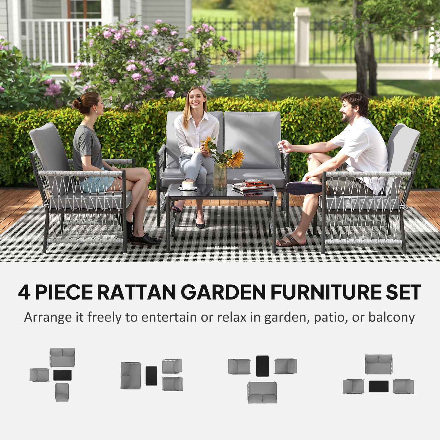 Outsunny 4 Piece Rattan Garden Furniture Set, 4 Seater Wicker Patio Conversation Set with 2 Armchairs, Loveseat, Glass Top Coffee Table and Cushions for Outdoor, Balcony, Grey