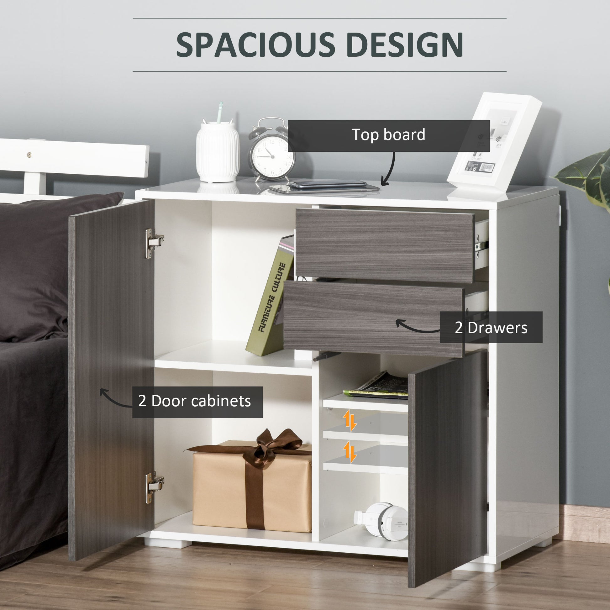 HOMCOM Modern Stylish Freestanding Push-Open Design Cabinet with 2 Drawer, 2 Door Cabinet, 2 Part Inner Space Light Grey and White