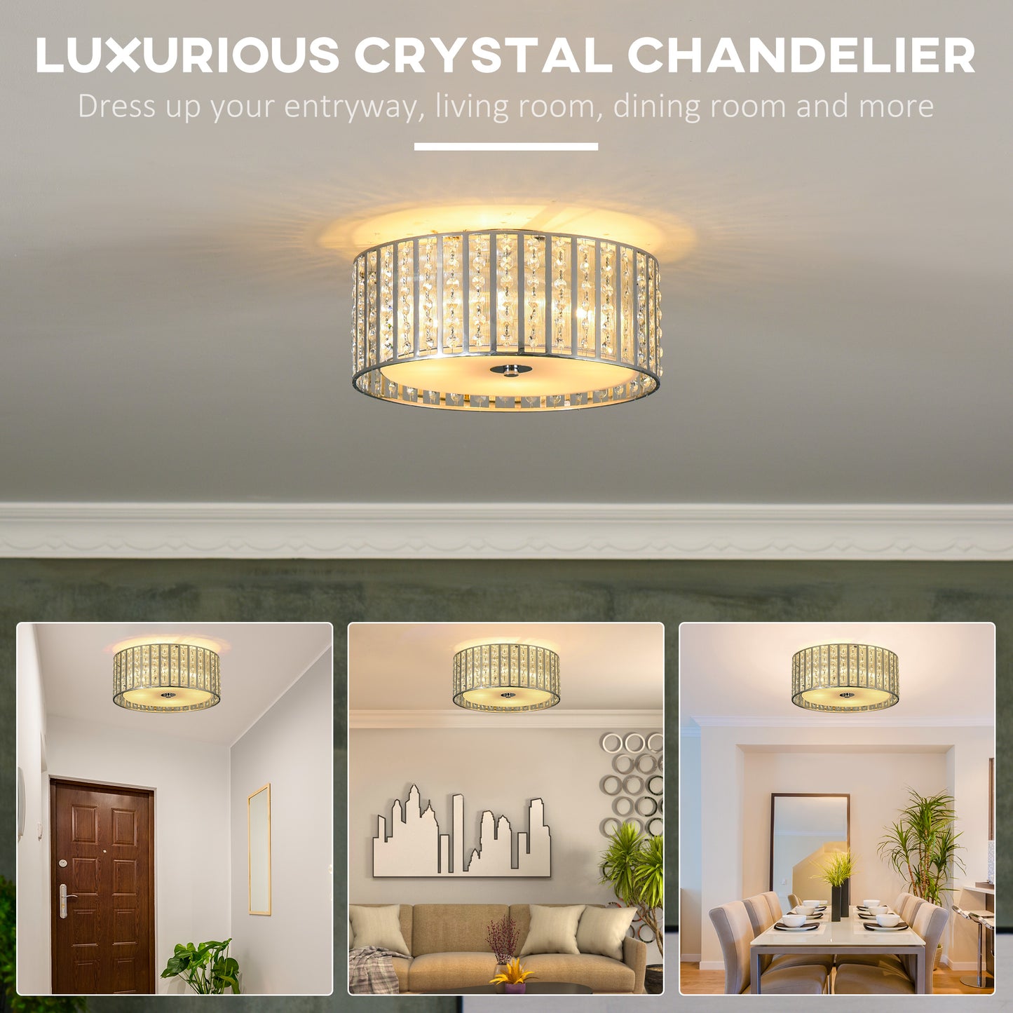 HOMCOM Modern K9 Crystal Chandelier Ceiling Light with Double Layer Lampshade, Round Pendant Light for Living Room, 4 G9 Bulbs Required, ?35 cm