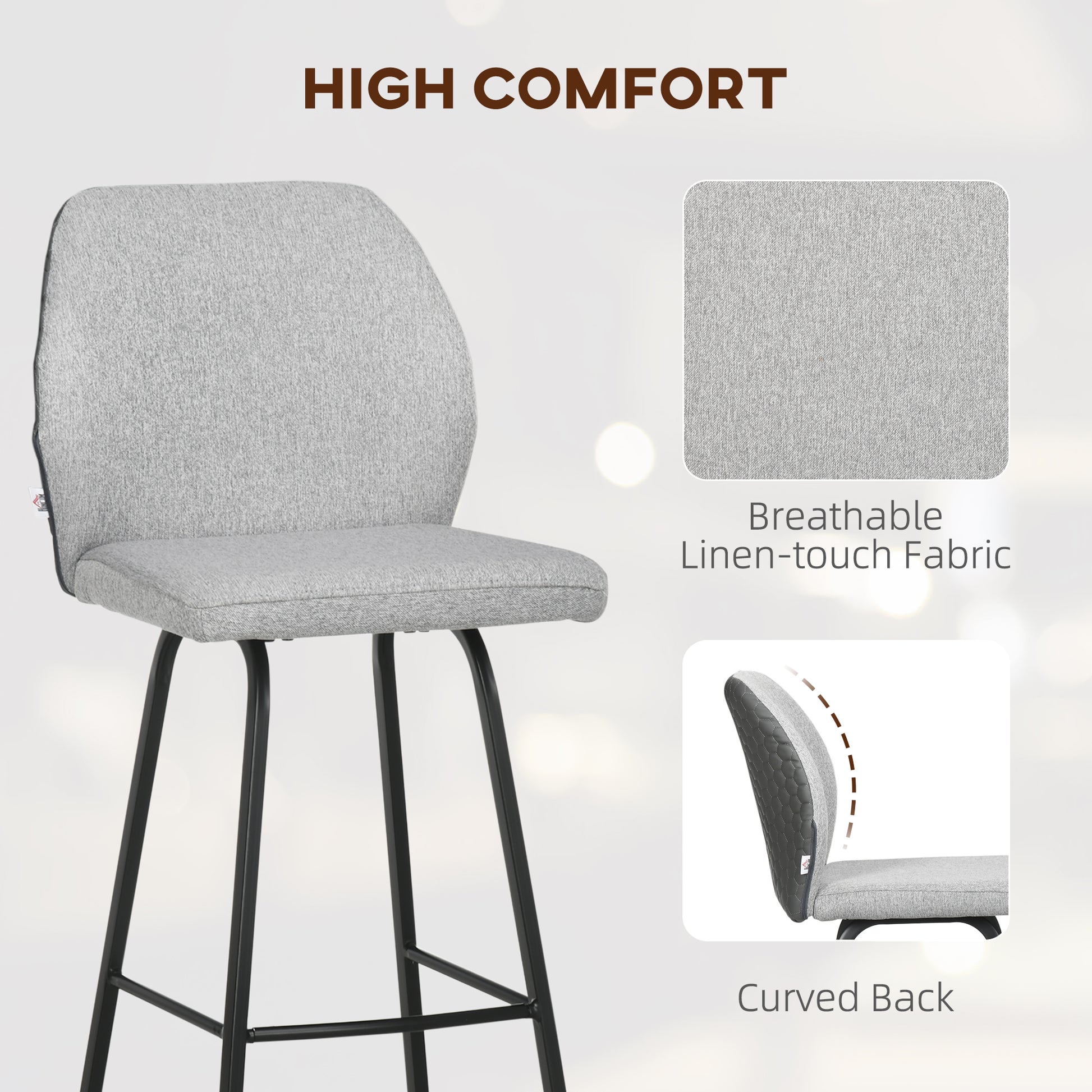 HOMCOM Bar Stools Set of 2, Linen-Touch Upholstered Bar Chairs, Kitchen Stools with Backs and Steel Legs, Light Grey
