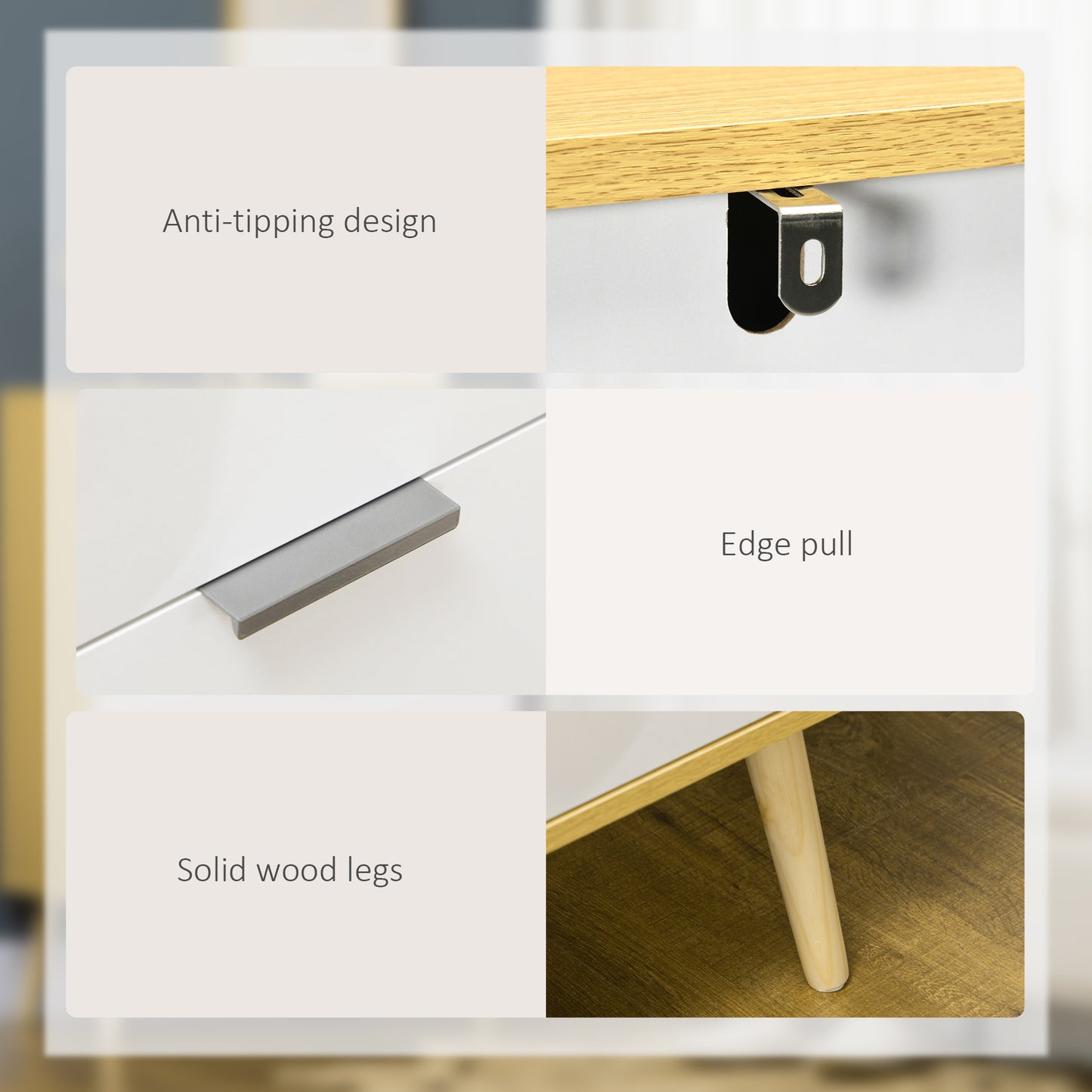 HOMCOM Chest of Drawers, 4-Drawer Storage Organiser Unit with Pine Wood Legs for Bedroom, Living Room, White and Natural