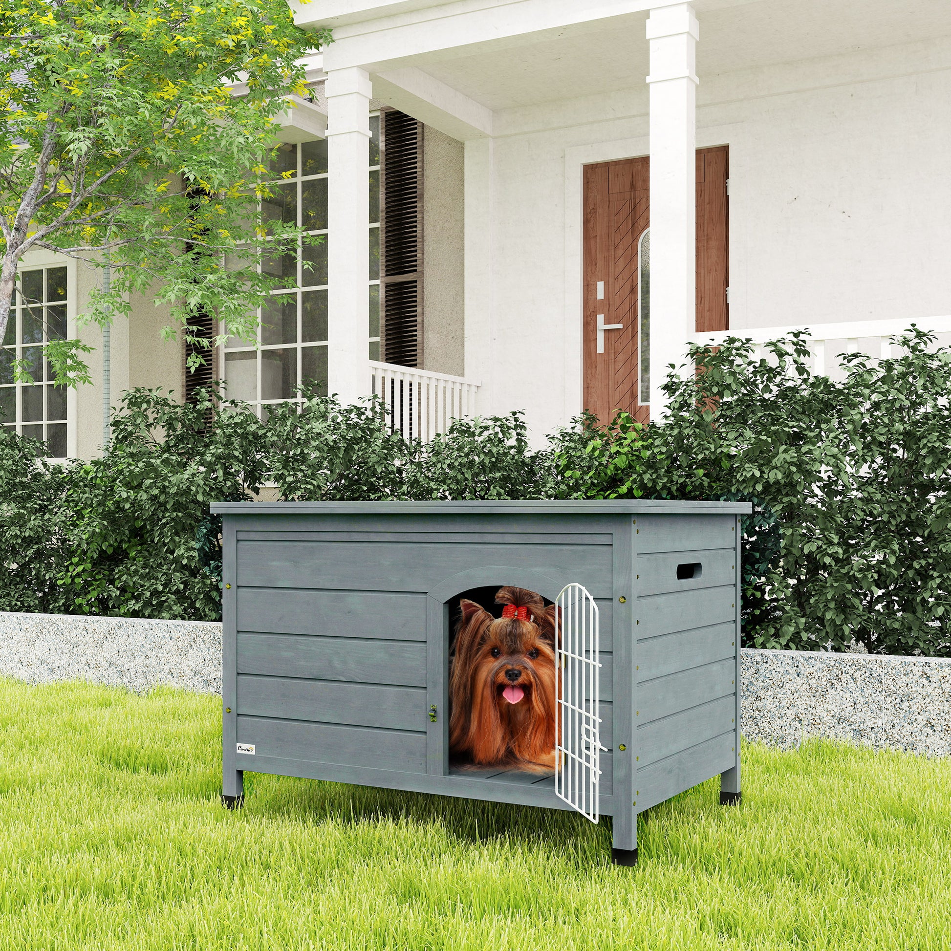 PawHut Wooden Dog House with Removable Bottom, Wire Door, Openable Top, Pet Shelter for Small Dog, 80 x 55 x 53.5cm, Dark Grey