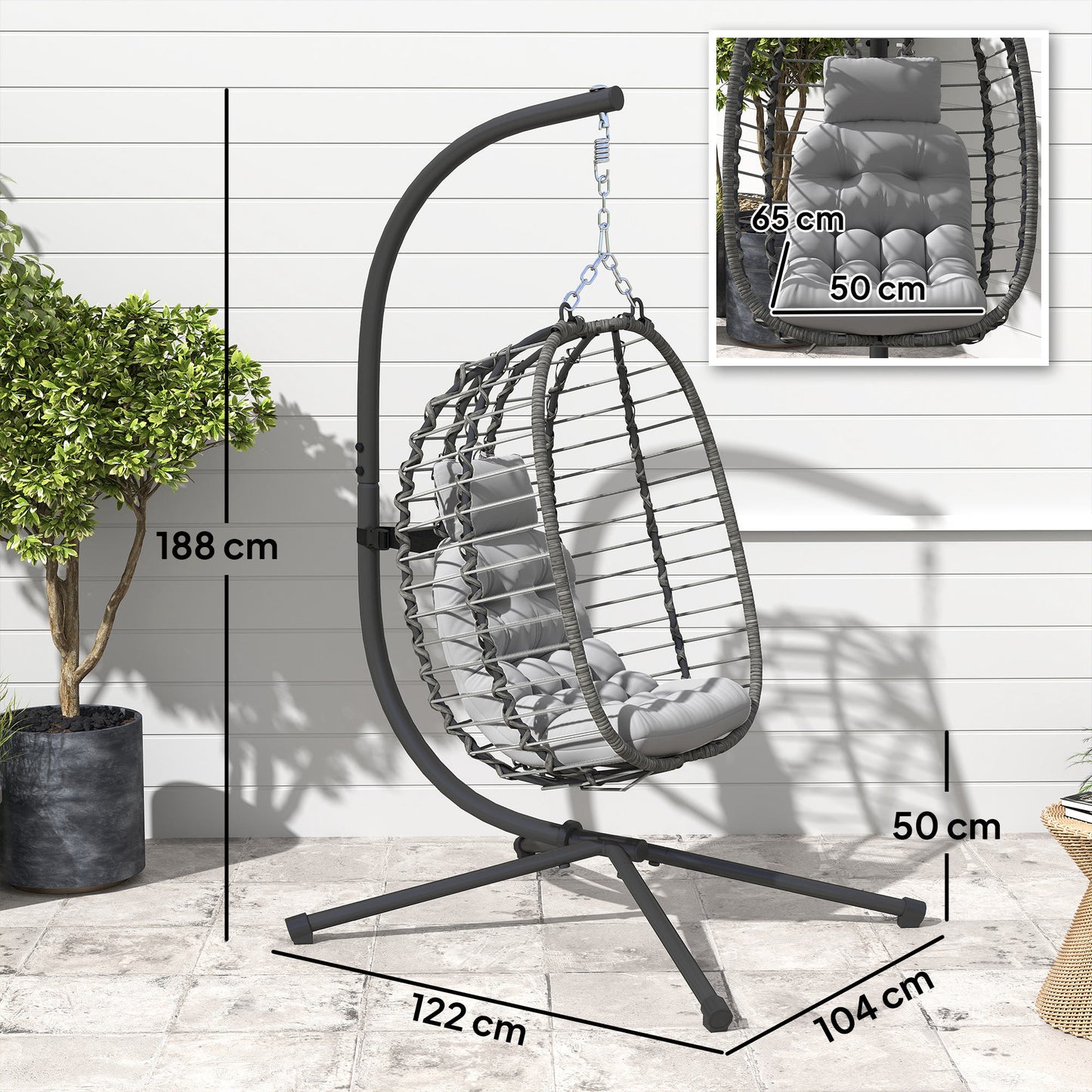 Outsunny Rattan Hanging Egg Chair, Foldable Wicker Hammock Swing Chair with Cushion, Stand, Adjustable Height, Head Pillow, Steel Frame for Garden Patio Indoor Outdoor, Light Grey