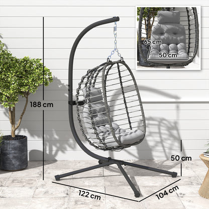 Outsunny Rattan Hanging Egg Chair, Foldable Wicker Hammock Swing Chair with Cushion, Stand, Adjustable Height, Head Pillow, Steel Frame for Garden Patio Indoor Outdoor, Light Grey