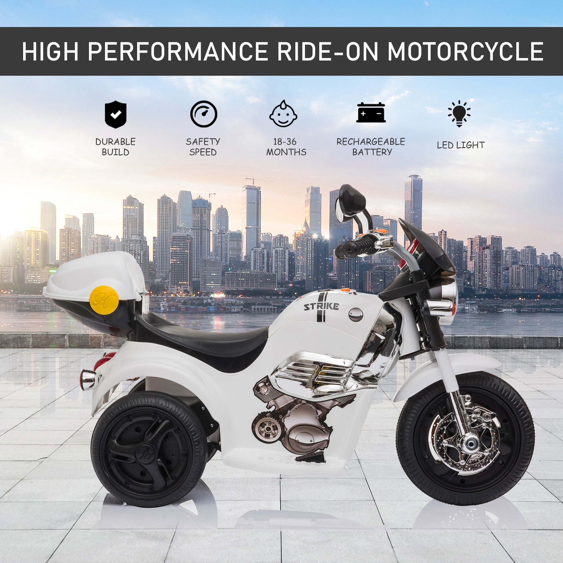 HOMCOM Kids 6V Battery PP Motorcycle Ride On Trike w/ Lights Music Horn 18 - 36 Months White
