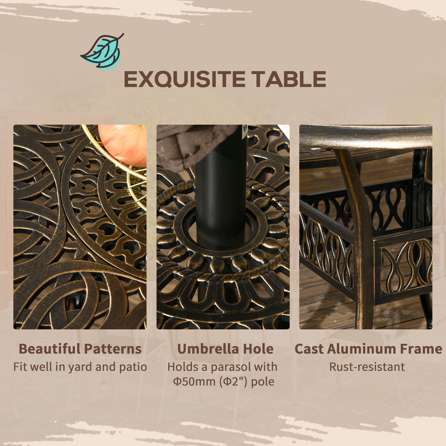 Outsunny 5-Piece Outdoor Furniture Dining Set, Cast Aluminum Conversation Set Includes 4 Chairs and ?90cm Round Table with ?50mm Umbrella Hole for Patio Garden Deck, Flower Design