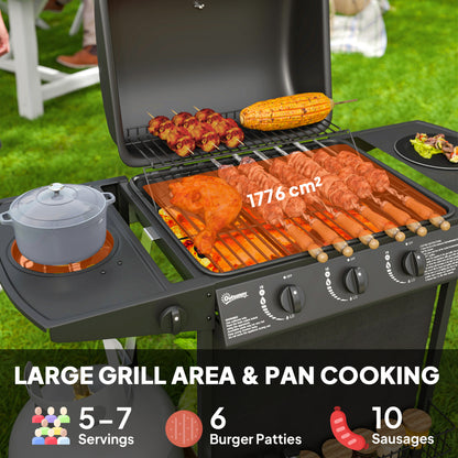 Outsunny 3+1 Burner Gas BBQ Grill, Portable Gas Barbecue Grill with Built-in Thermometer, Lid, Side Table, Shelf, Spice Rack, Wheels, Grease Cup for Garden Party Outdoor Cooking, Black