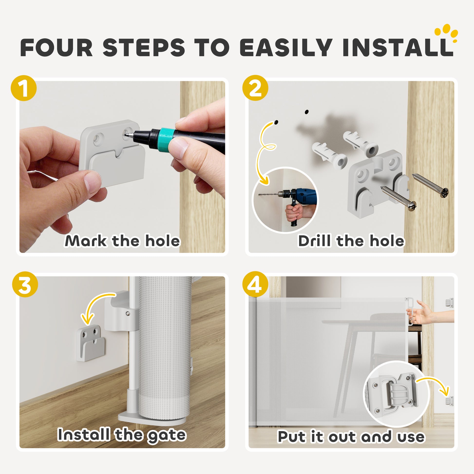 PawHut Retractable Stair Gate Extends Up to 140 cm Wide, Dog Gate for Doorways, Stairways, Hallways, Grey