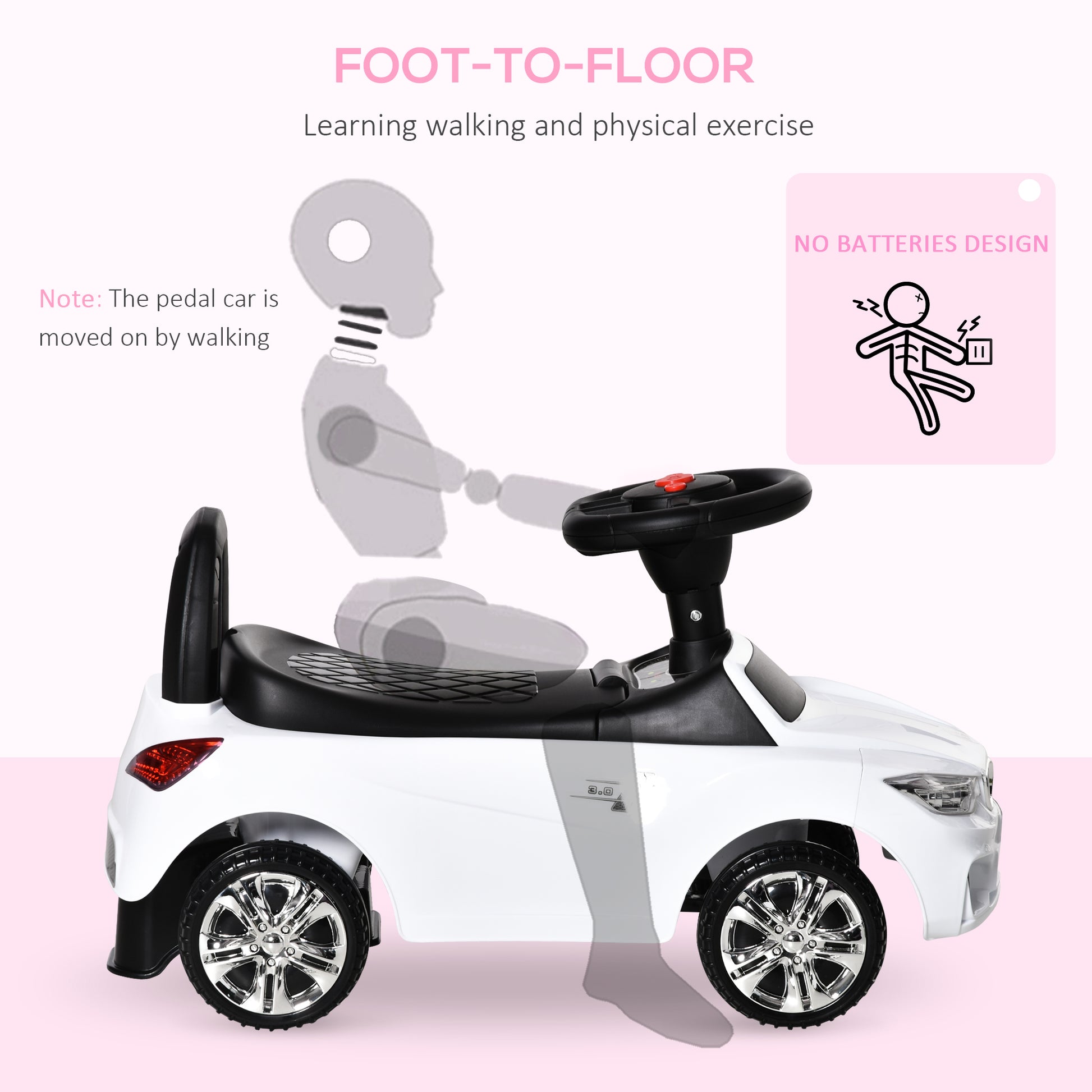 HOMCOM Ride on Sliding Car Baby Toddler Walker Foot to Floor Slider Stroller w/ Horn Music Working Lights Hidden Storage Big Steering Wheel White