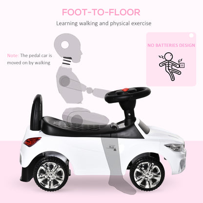 HOMCOM Ride on Sliding Car Baby Toddler Walker Foot to Floor Slider Stroller w/ Horn Music Working Lights Hidden Storage Big Steering Wheel White