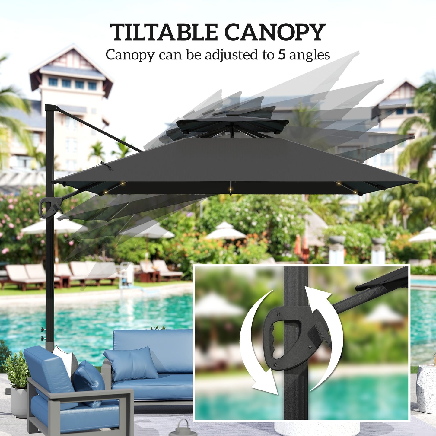 Outsunny 3.5x3 m Garden Cantilever Parasol with Solar LED Lights and Centre Light, UPF50+ Aluminium Patio Umbrella with 360° Rotation and Tilt, Hanging Sun Shade with Cross Base, Crank Handle, Black