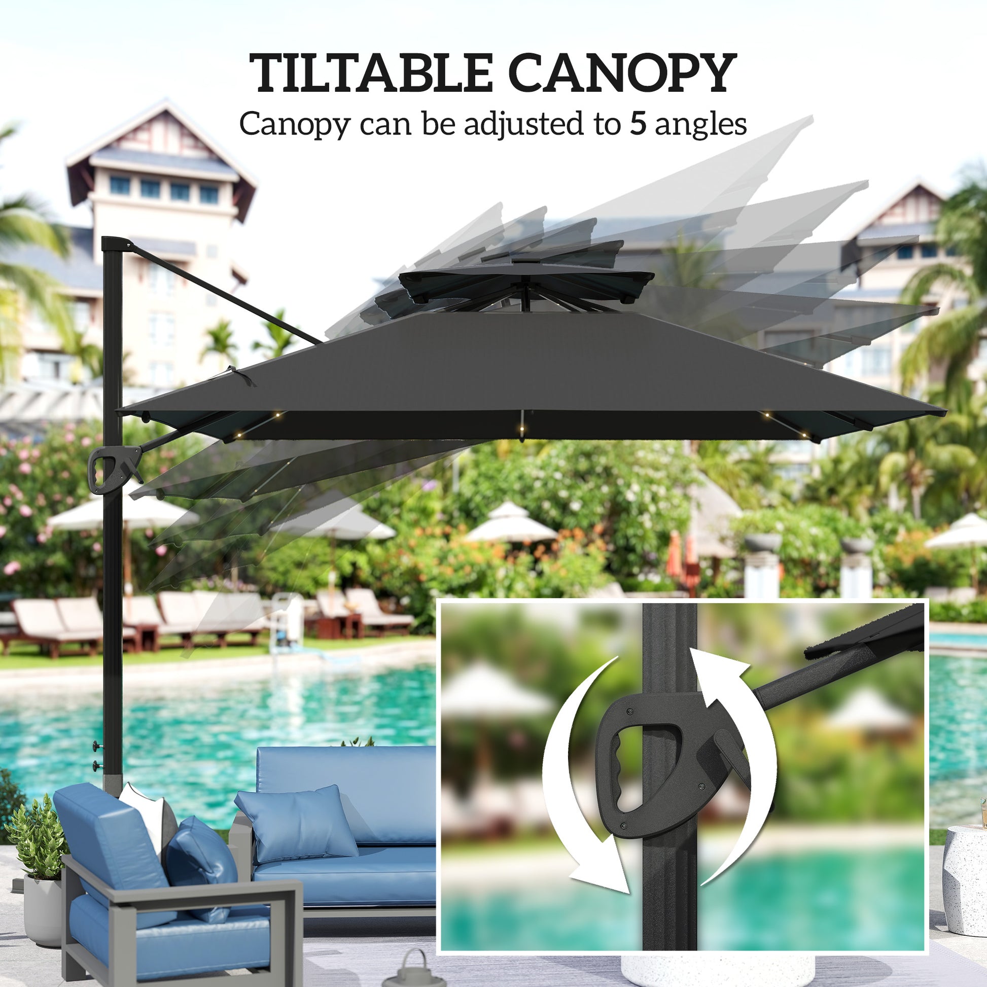 Outsunny 3.5x3 m Garden Cantilever Parasol with Solar LED Lights and Centre Light, UPF50+ Aluminium Patio Umbrella with 360° Rotation and Tilt, Hanging Sun Shade with Cross Base, Crank Handle, Black