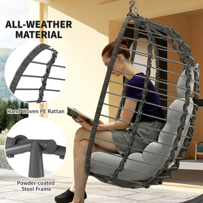 Outsunny Rattan Hanging Egg Chair, Foldable Wicker Hammock Swing Chair with Cushion, Stand, Adjustable Height, Head Pillow, Steel Frame for Garden Patio Indoor Outdoor, Light Grey