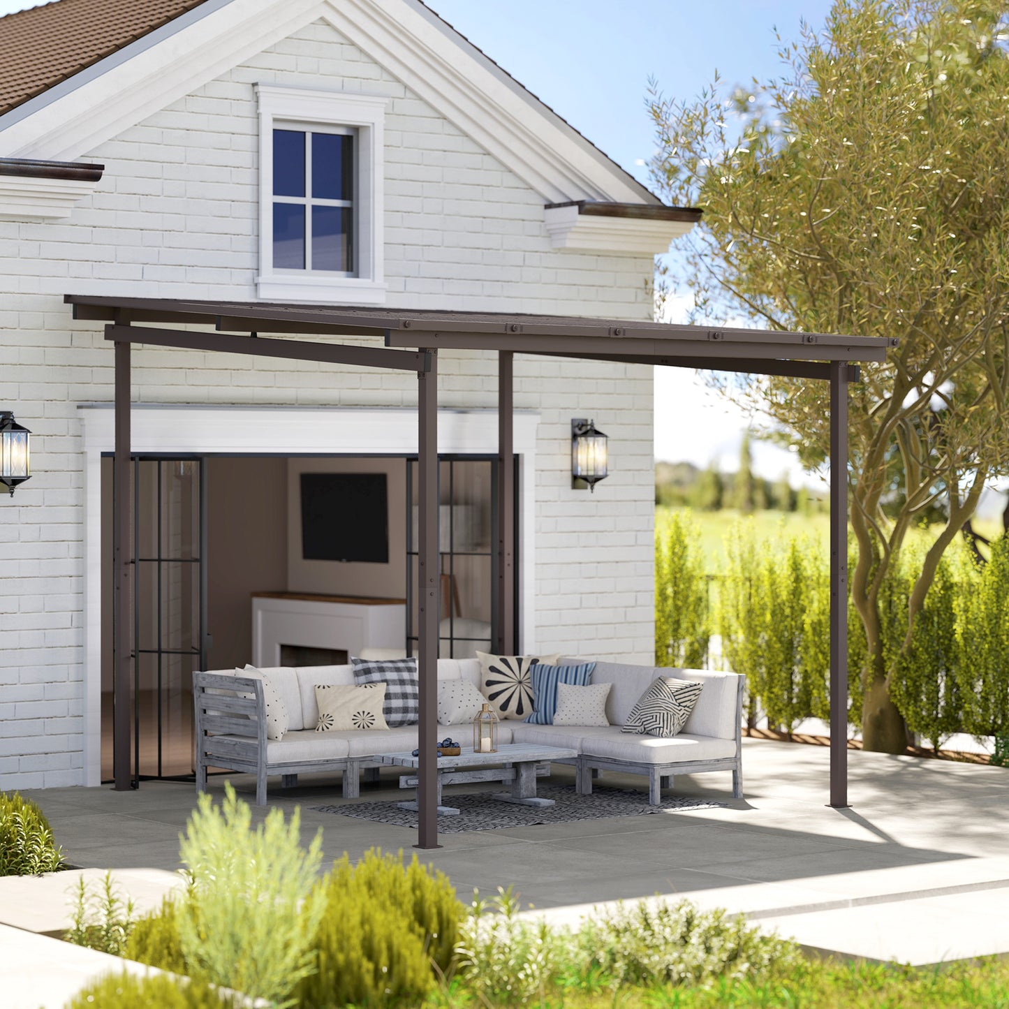 Outsunny 3 x 3(m) Garden Pergola with Waterproof Metal Roof, Lean to Pergola Hardtop Gazebo, Wind-resistant Outdoor Sun Shade, Easy to Assemble