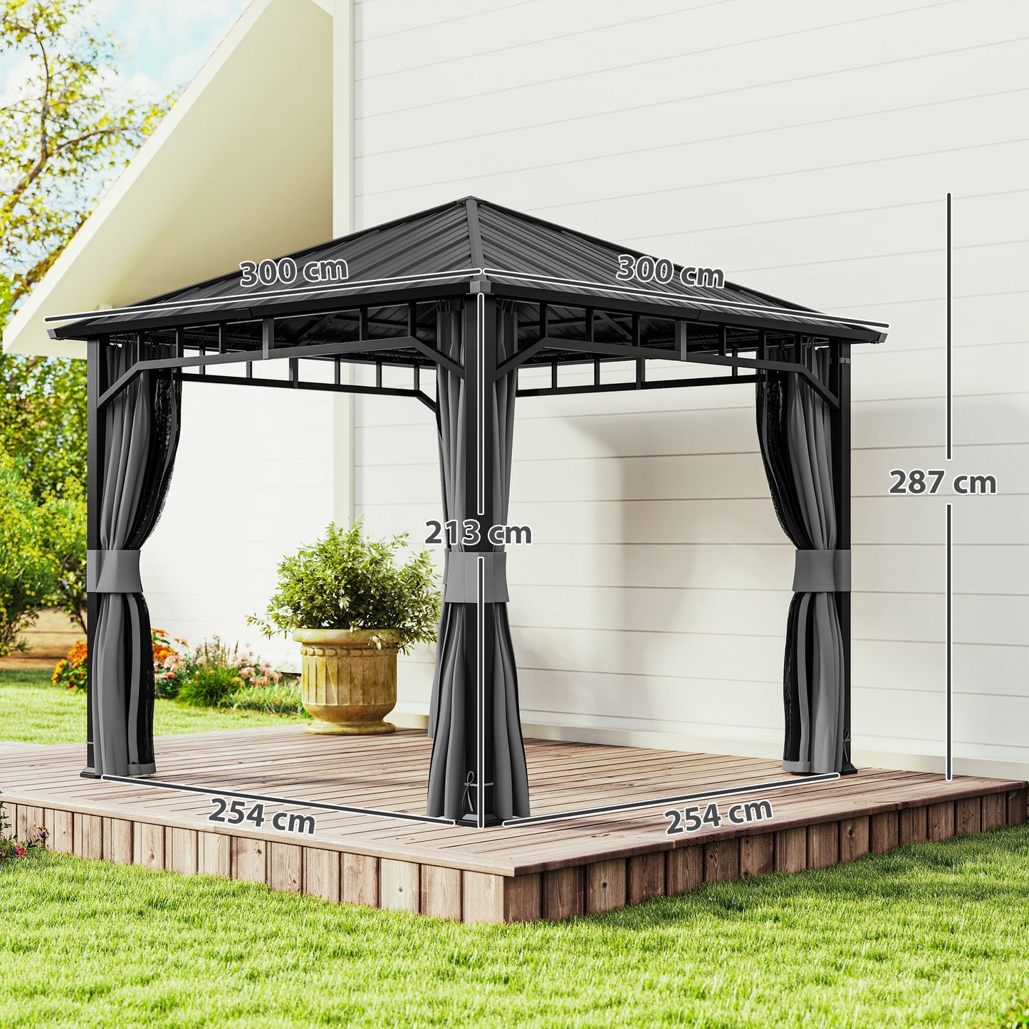 Outsunny 3 x 3(m) Hardtop Gazebo with Galvanised Steel Roof and Water Gutter, Waterproof Permanent Pavilion Garden Gazebo with Netting and Curtains for Patio, Deck